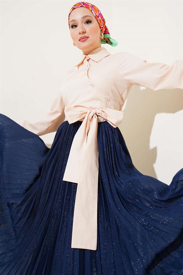 Waist Tie Detail Short Shirt Beige