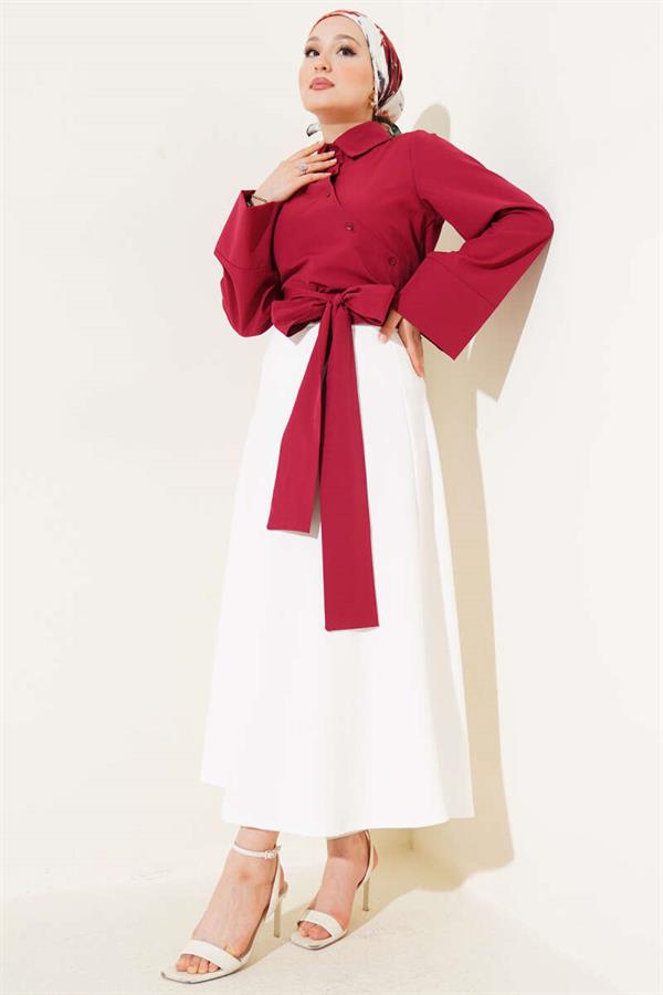 Waist Tie Detail Short Shirt Claret Red