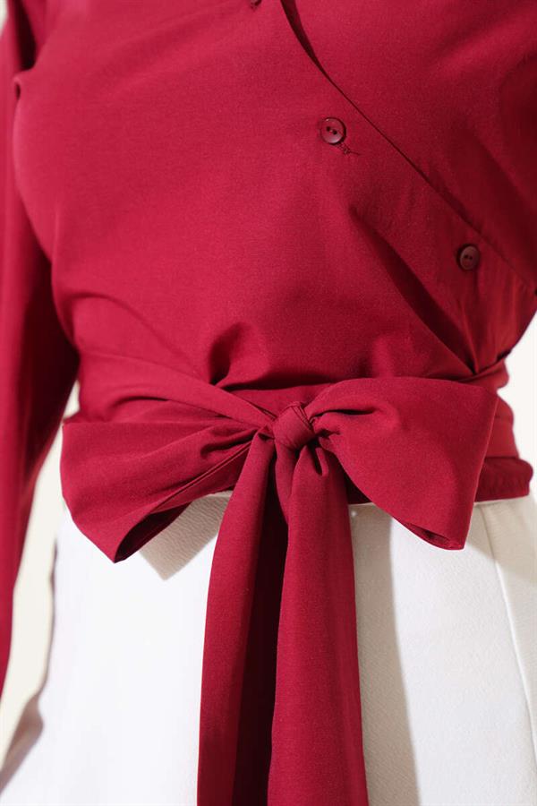 Waist Tie Detail Short Shirt Claret Red