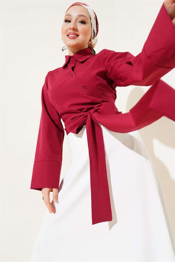 Waist Tie Detail Short Shirt Claret Red