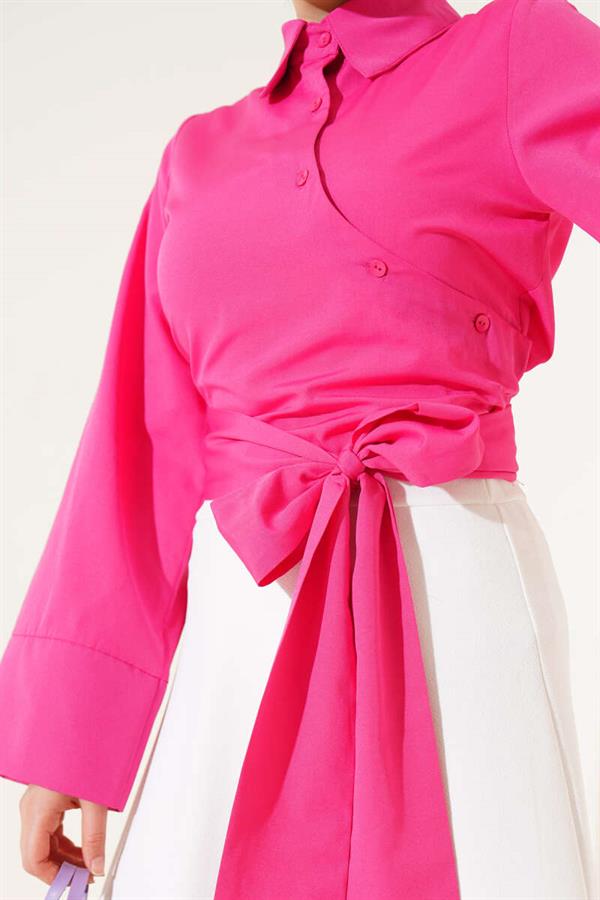 Waist Tie Detail Short Shirt Fuchsia