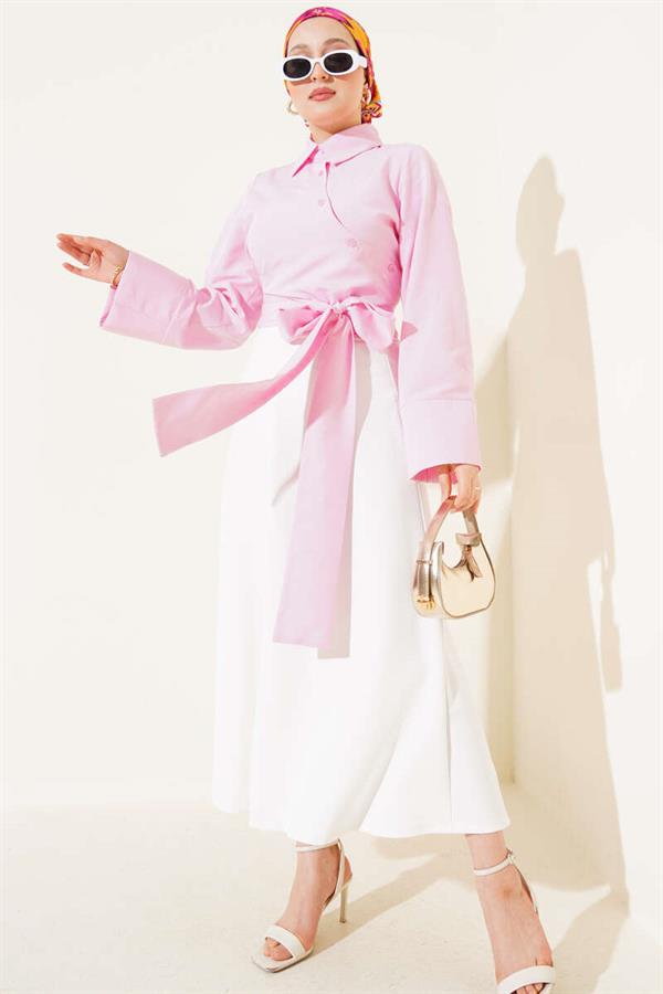 Waist Tie Detail Short Shirt Pink