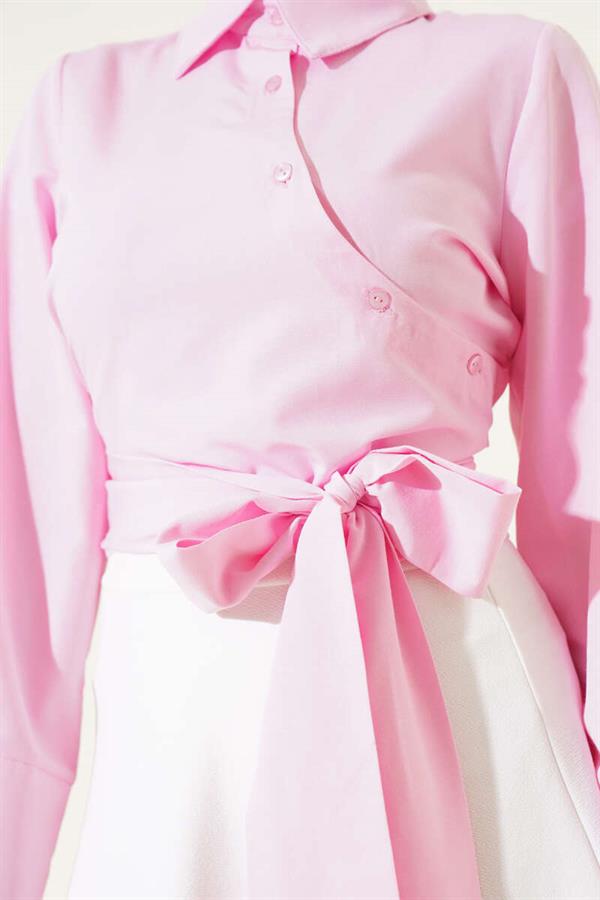 Waist Tie Detail Short Shirt Pink