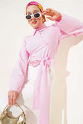 Waist Tie Detail Short Shirt Pink