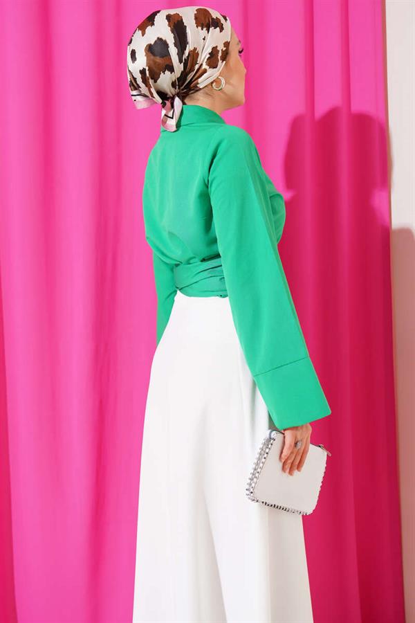 Waist Tie Detail Short Shirt Green