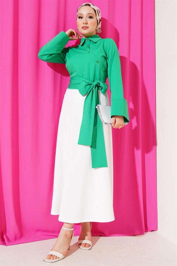 Waist Tie Detail Short Shirt Green