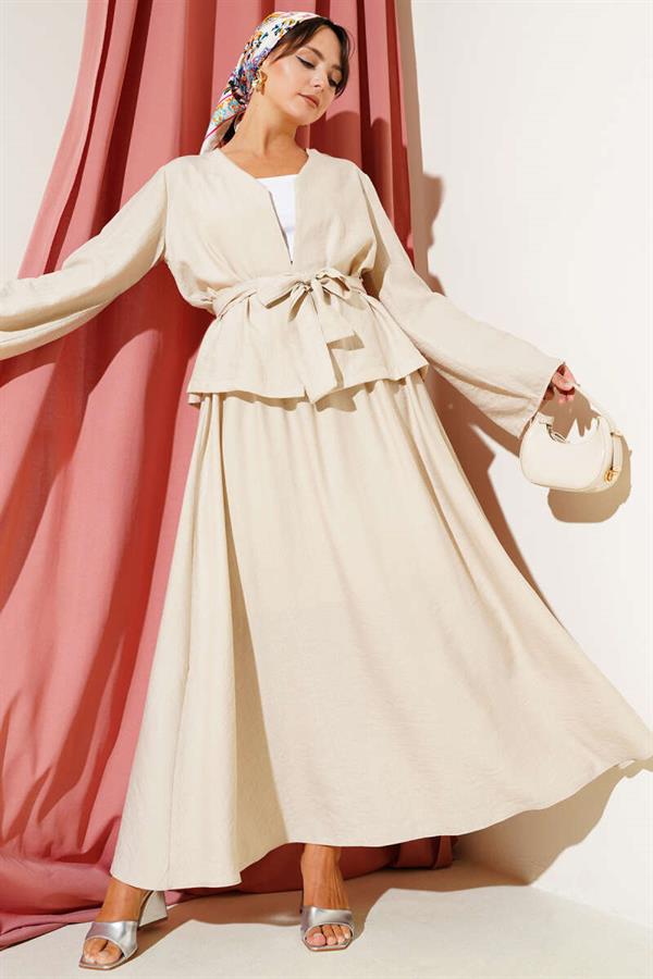 Waist Tie Skirted 2 Piece Set Beige