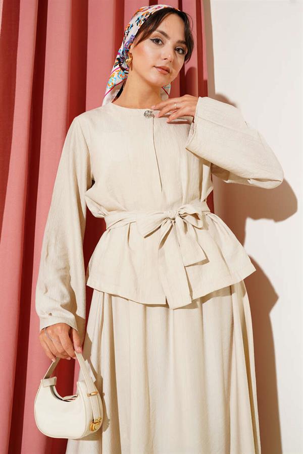 Waist Tie Skirted 2 Piece Set Beige