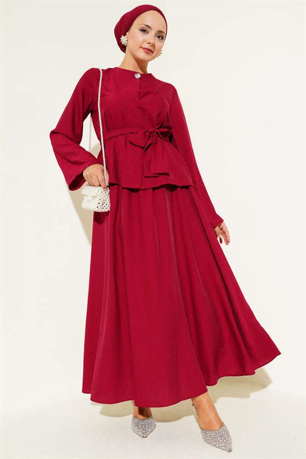 Waist-Tie Skirted 2 Piece Set Claret Red