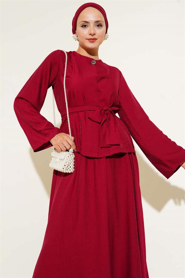 Waist-Tie Skirted 2 Piece Set Claret Red