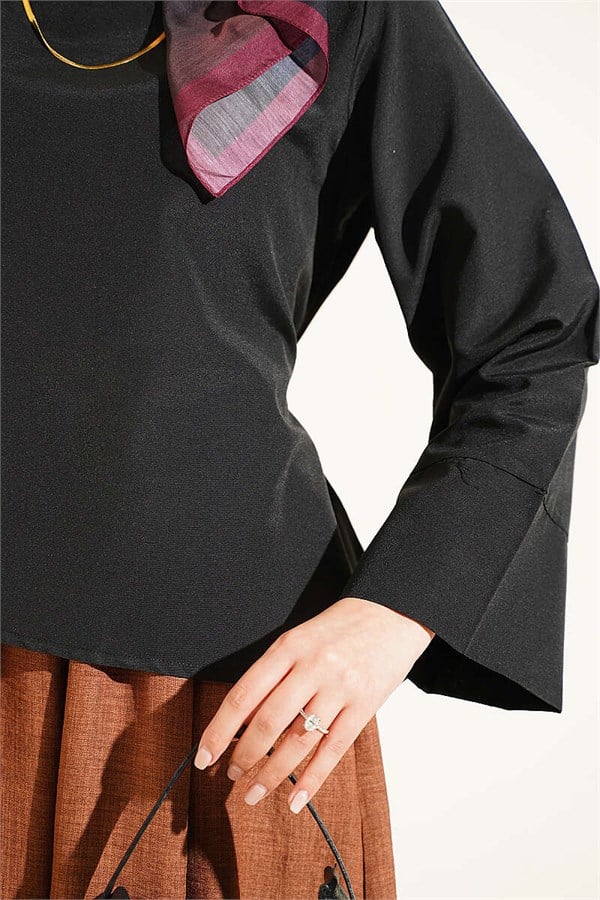 Belted Wide-Sleeved Blouse, Brown