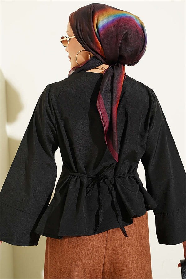 Belted Wide-Sleeved Blouse, Brown
