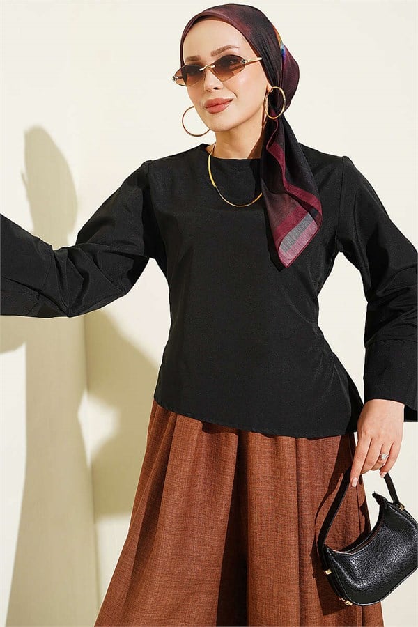 Belted Wide-Sleeved Blouse, Brown