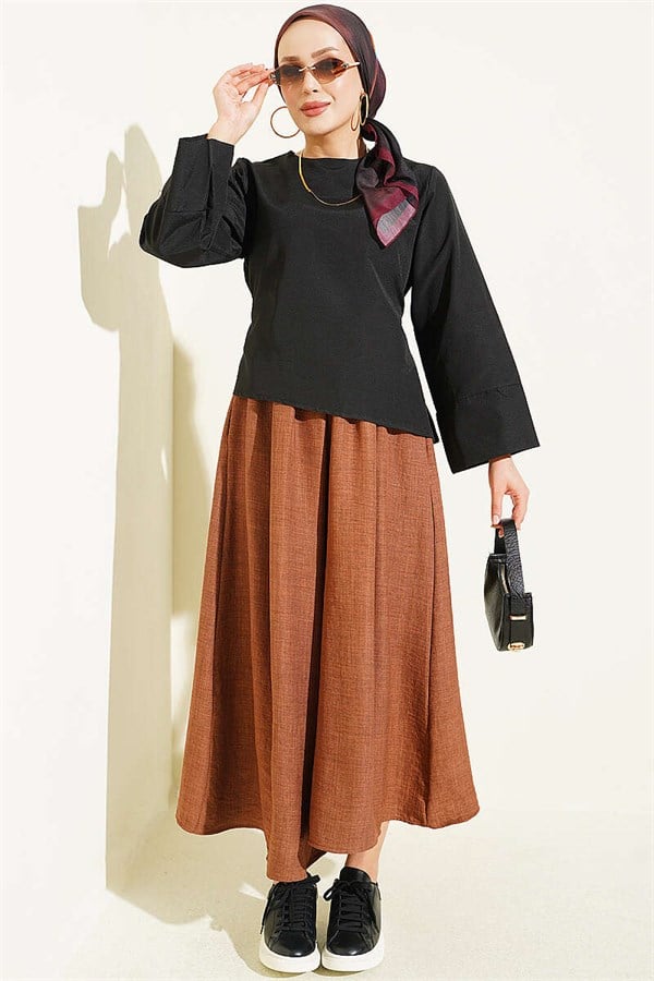 Belted Wide-Sleeved Blouse, Brown