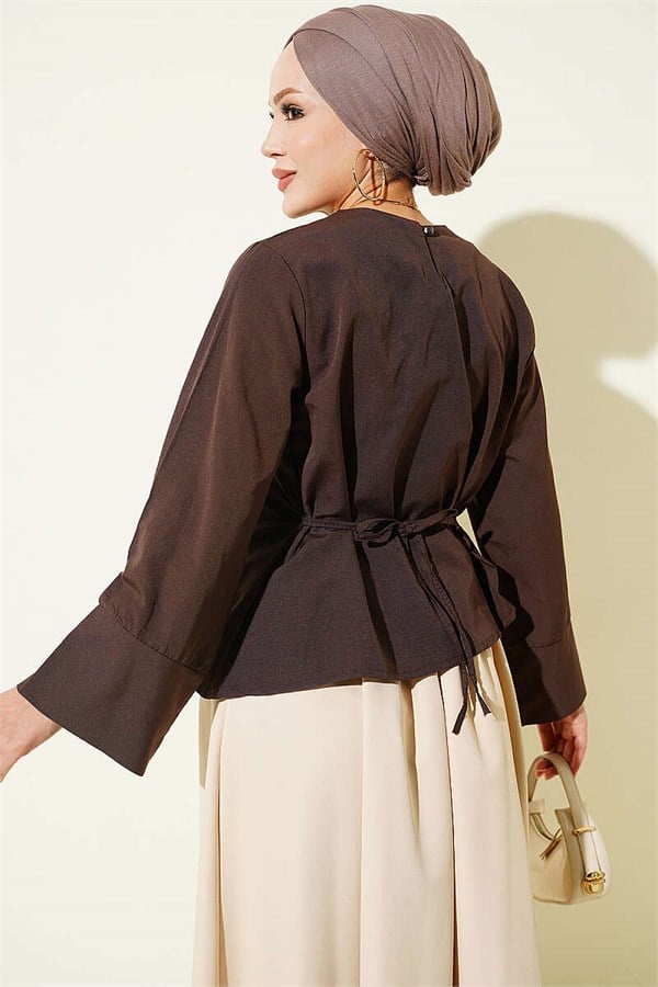 Black Blouse with Wide Sleeves and Tie Waist