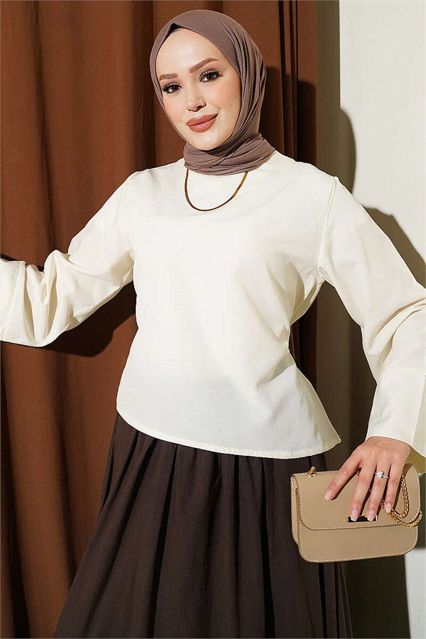 Waist-Tie Blouse with Wide Sleeves and Stone Embellishments