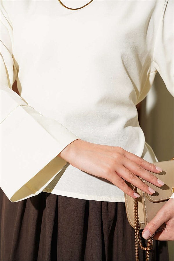 Waist-Tie Blouse with Wide Sleeves and Stone Embellishments