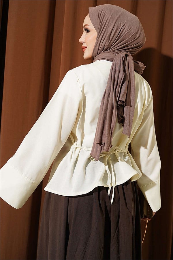 Waist-Tie Blouse with Wide Sleeves and Stone Embellishments