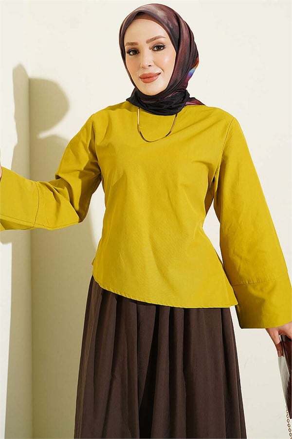 Wide-Sleeved Blouse with Tie Waist, Olive Green