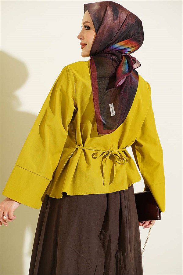 Wide-Sleeved Blouse with Tie Waist, Olive Green