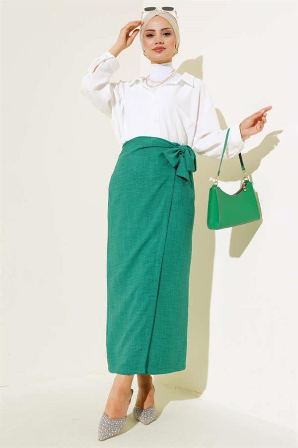 Waist Tie Linen Skirt Green