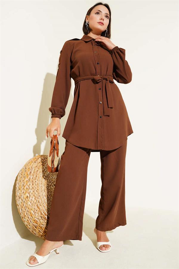 Waist Tied Shoulder Buttoned 2 Piece Set Brown
