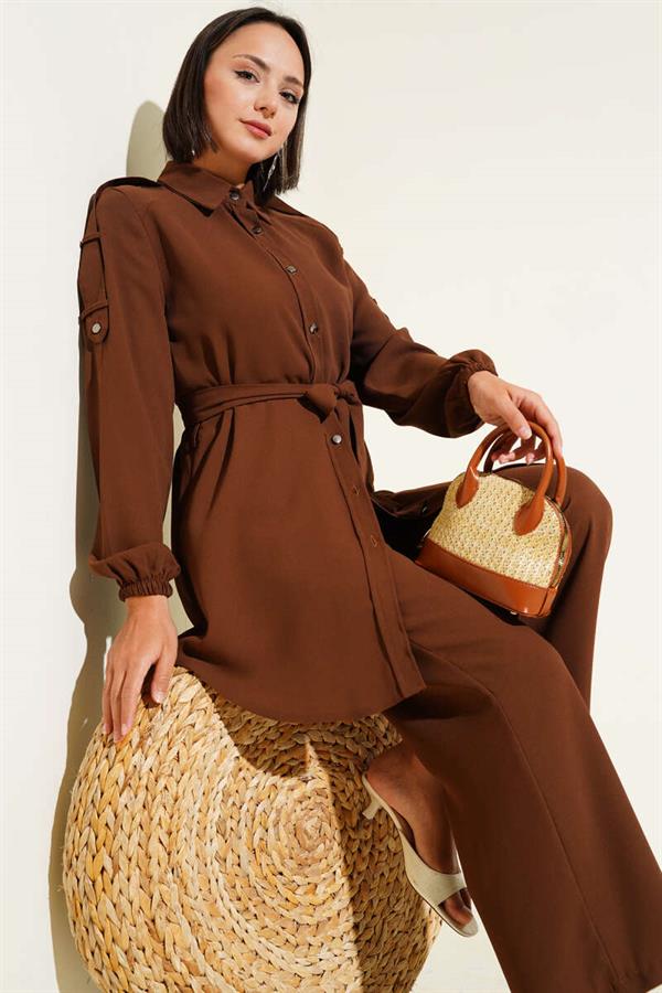 Waist Tied Shoulder Buttoned 2 Piece Set Brown