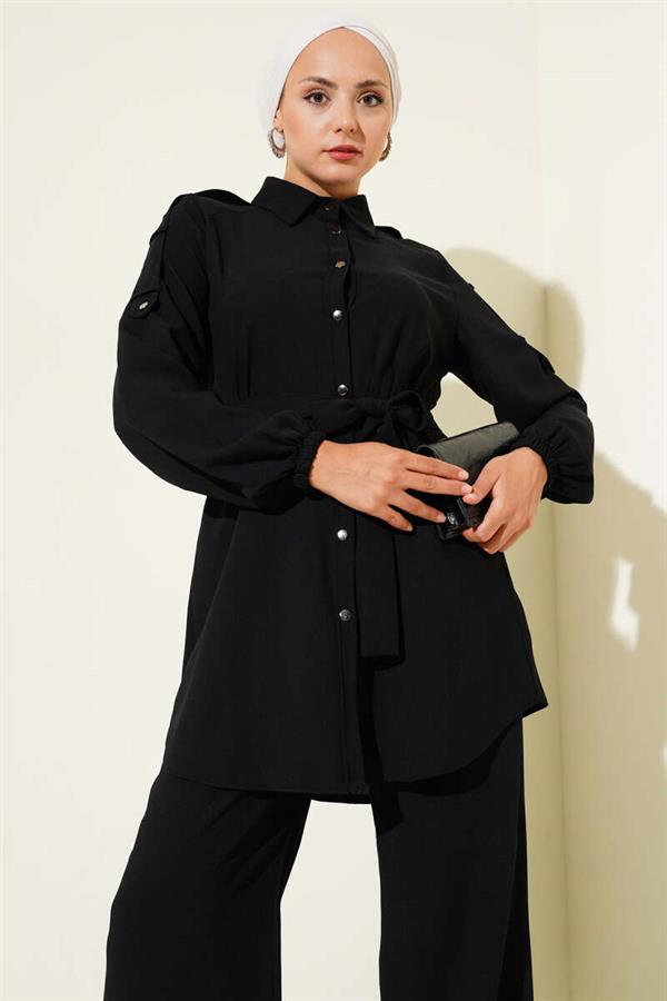 Waist Tie Shoulder Buttoned 2 Piece Set Black