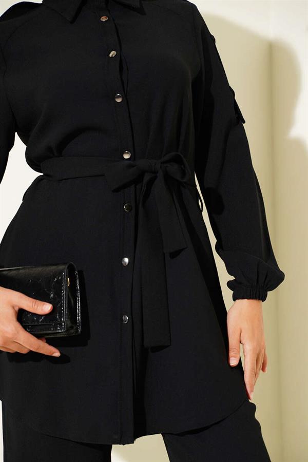 Waist Tie Shoulder Buttoned 2 Piece Set Black