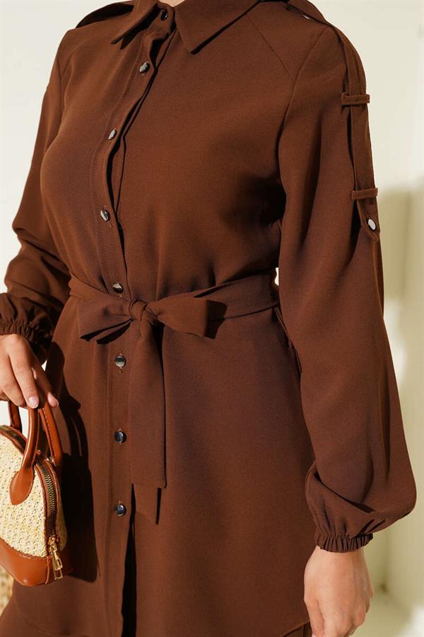 Waist Tied Shoulder Buttoned 2 Piece Set Brown