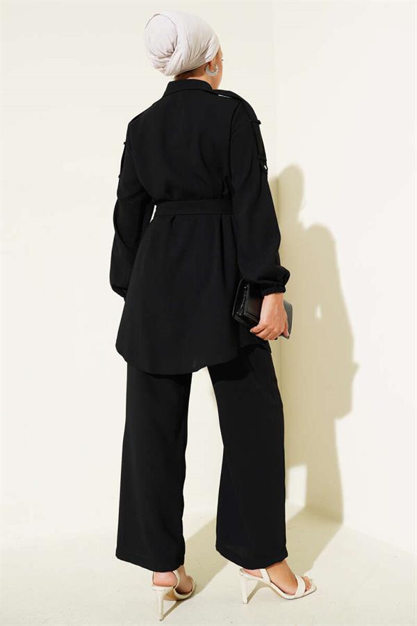 Waist Tie Shoulder Buttoned 2 Piece Set Black