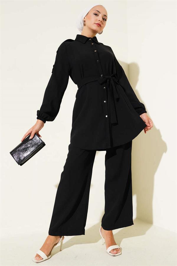 Waist Tie Shoulder Buttoned 2 Piece Set Black