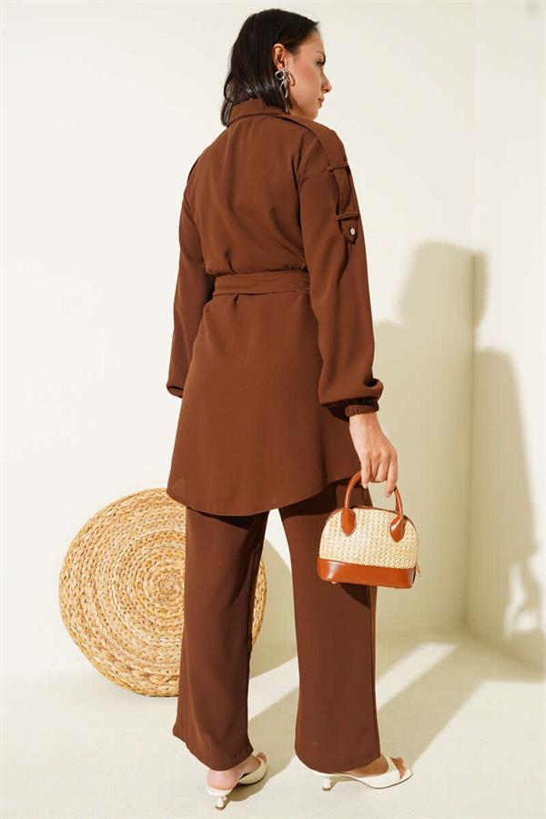 Waist Tied Shoulder Buttoned 2 Piece Set Brown