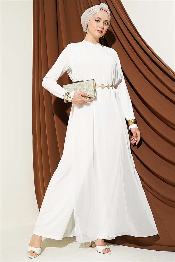 Waist-Tie Chiffon Jumpsuit, Ecru