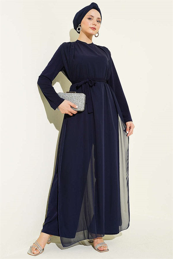 Navy Blue Chiffon Jumpsuit with Belt