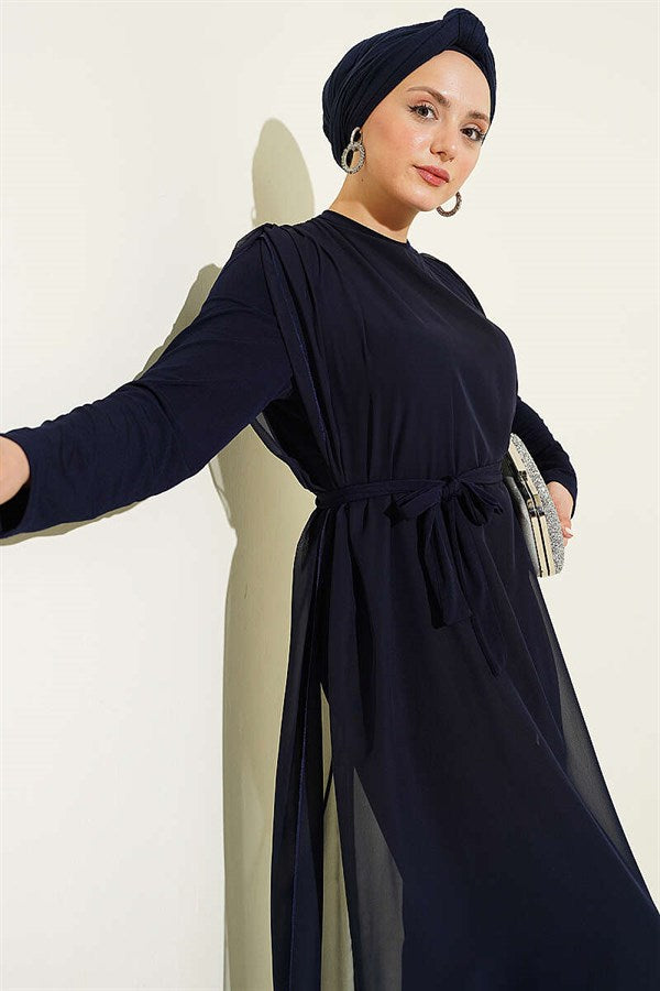 Navy Blue Chiffon Jumpsuit with Belt