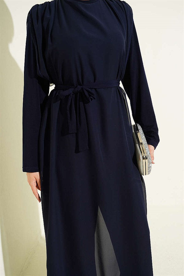 Navy Blue Chiffon Jumpsuit with Belt