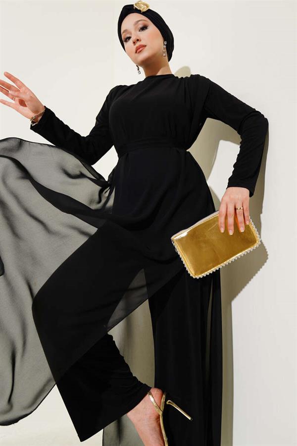 Tied Waist Chiffon Jumpsuit Black