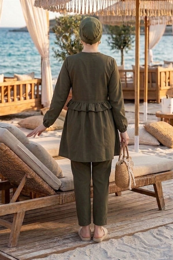 3 Piece Set Swimsuit Burkini Set with Ruffled Waist and Front Zipper Detail, Khaki