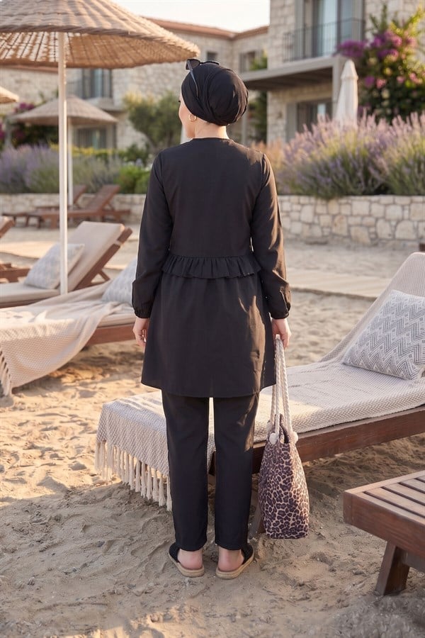3 Piece Set Swimsuit Burkini Set with Ruffled Waist and Front Zipper Detail, Black