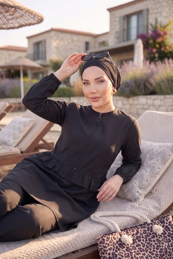 3 Piece Set Swimsuit Burkini Set with Ruffled Waist and Front Zipper Detail, Black