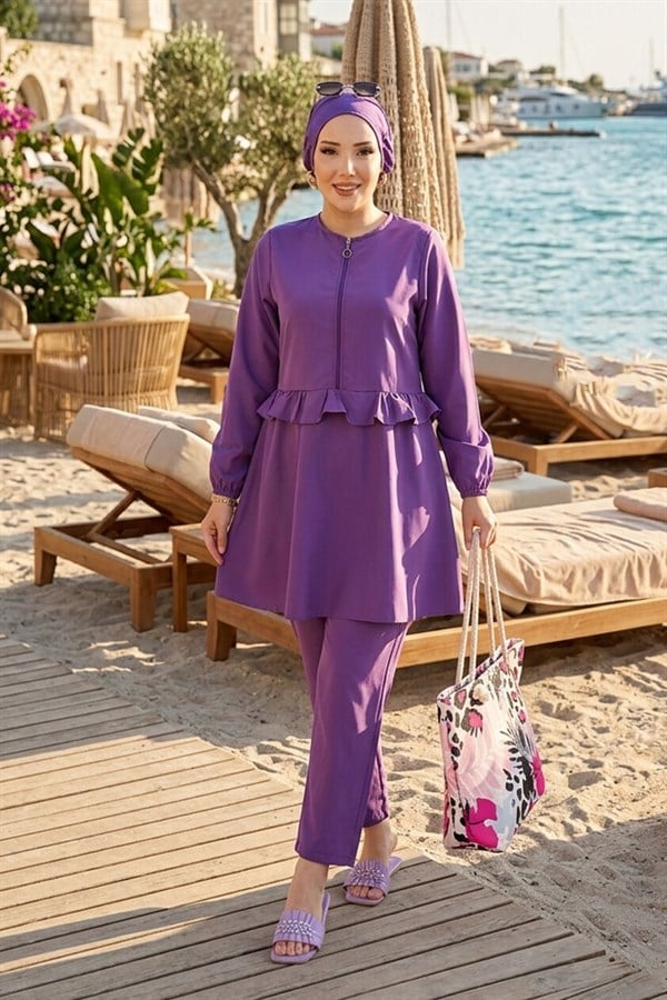 3 Piece Set Swimsuit Burkini Set with Ruffled Waist and Front Zipper Detail, Lilac