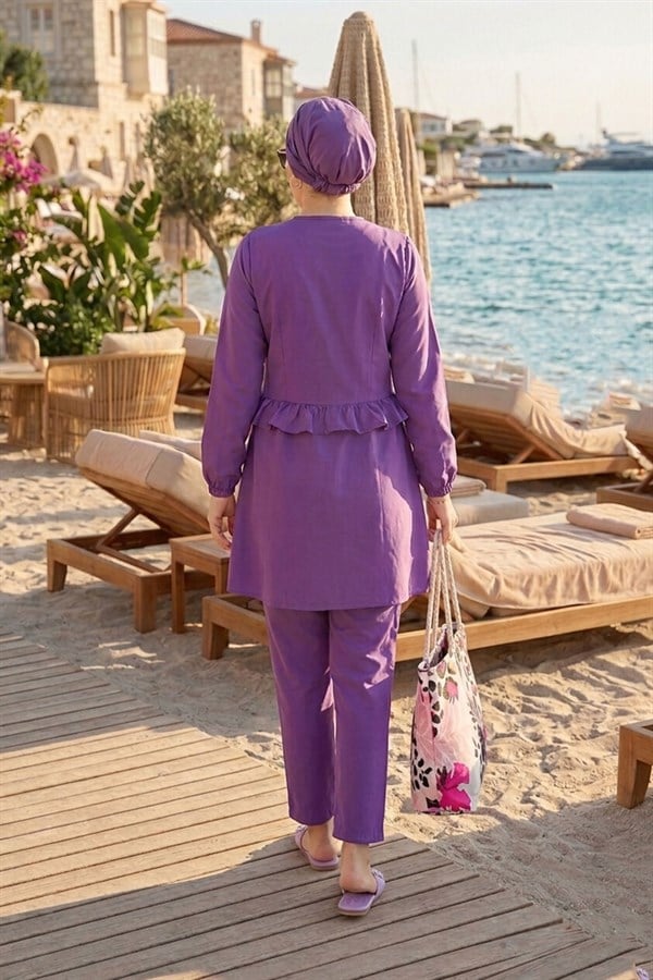 3 Piece Set Swimsuit Burkini Set with Ruffled Waist and Front Zipper Detail, Lilac