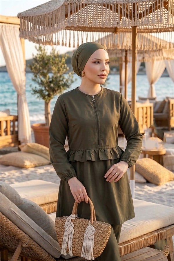 3 Piece Set Swimsuit Burkini Set with Ruffled Waist and Front Zipper Detail, Khaki