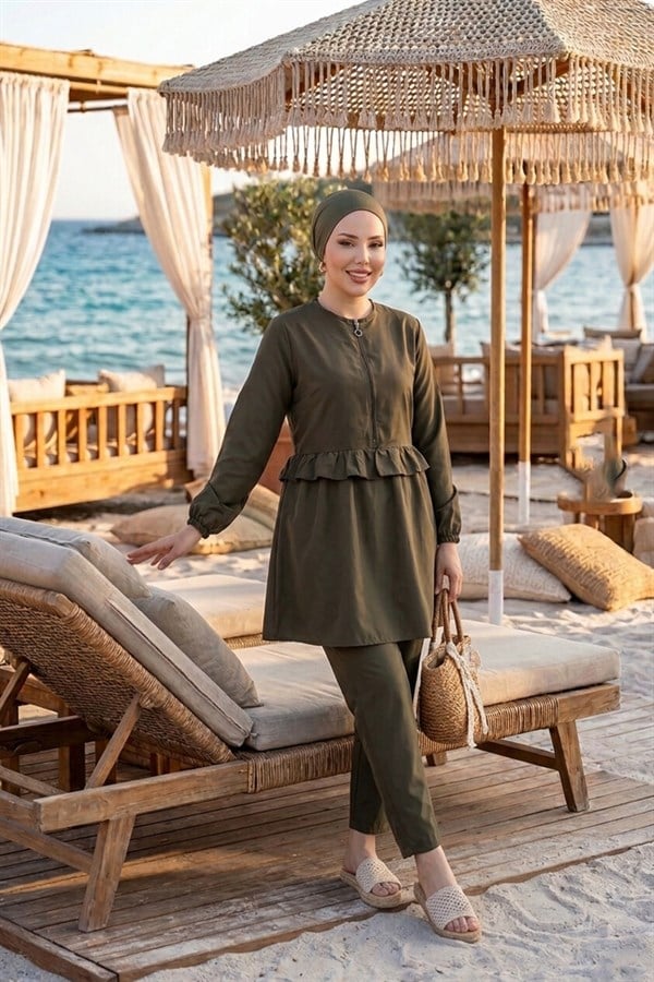 3 Piece Set Swimsuit Burkini Set with Ruffled Waist and Front Zipper Detail, Khaki