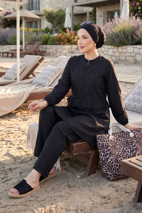 3 Piece Set Swimsuit Burkini Set with Ruffled Waist and Front Zipper Detail, Black
