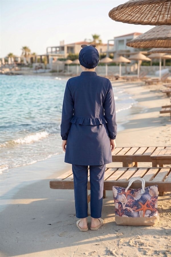Navy Blue 3 Piece Set Swimsuit Burkini Set with Ruffled Waist and Front Zipper Detail