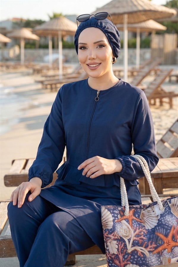 Navy Blue 3 Piece Set Swimsuit Burkini Set with Ruffled Waist and Front Zipper Detail