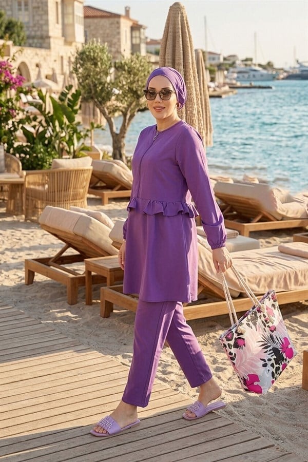 3 Piece Set Swimsuit Burkini Set with Ruffled Waist and Front Zipper Detail, Lilac
