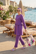 3 Piece Set Swimsuit Burkini Set with Ruffled Waist and Front Zipper Detail, Lilac